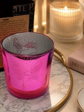 PartyLite Pink Hummingbird Glass Votive- Fits Tea Lights/Votives.